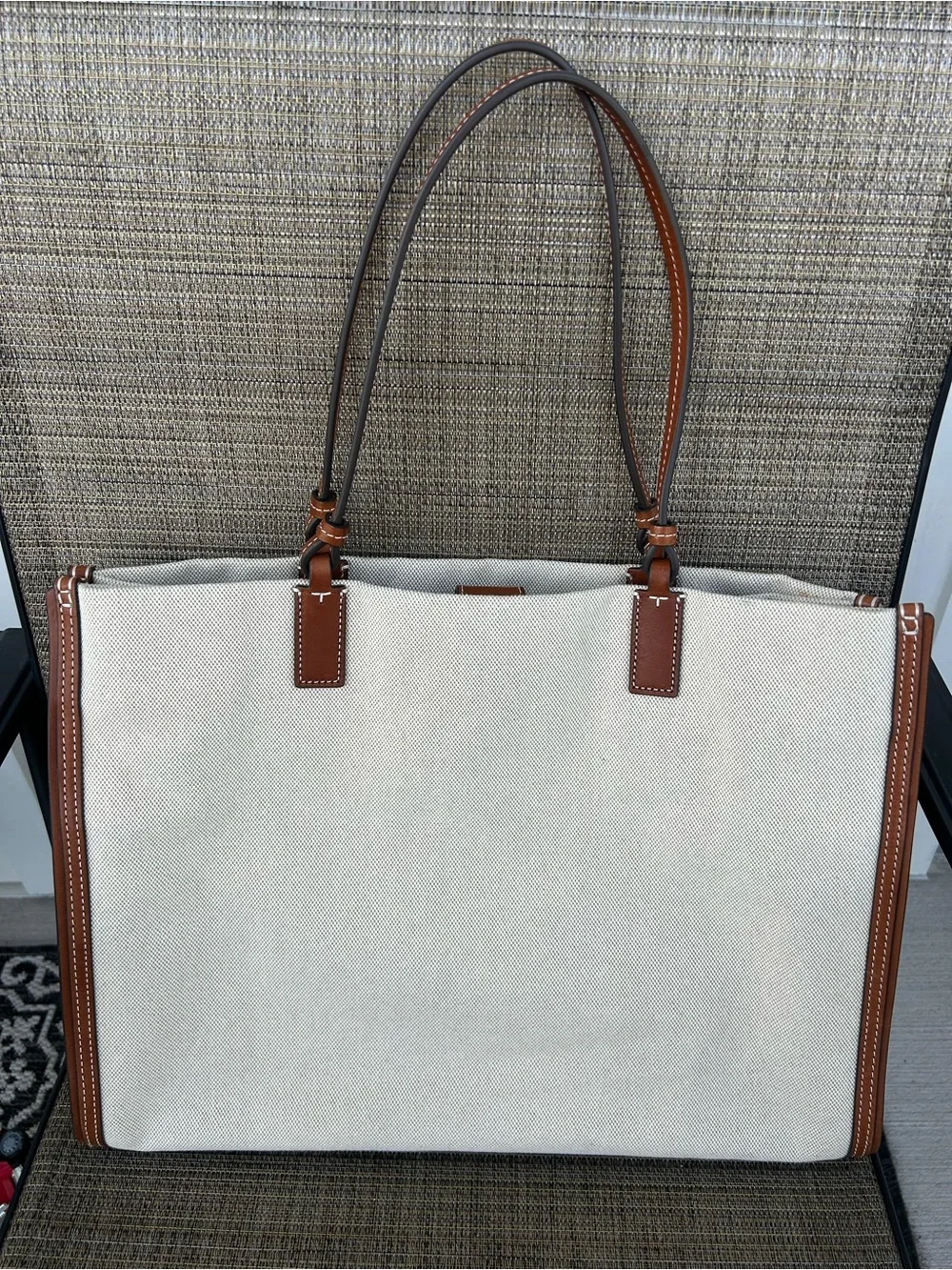 TORY BURCH Ella Canvas tote large Brown Leather Natural Classic Cuoio Bag Auth